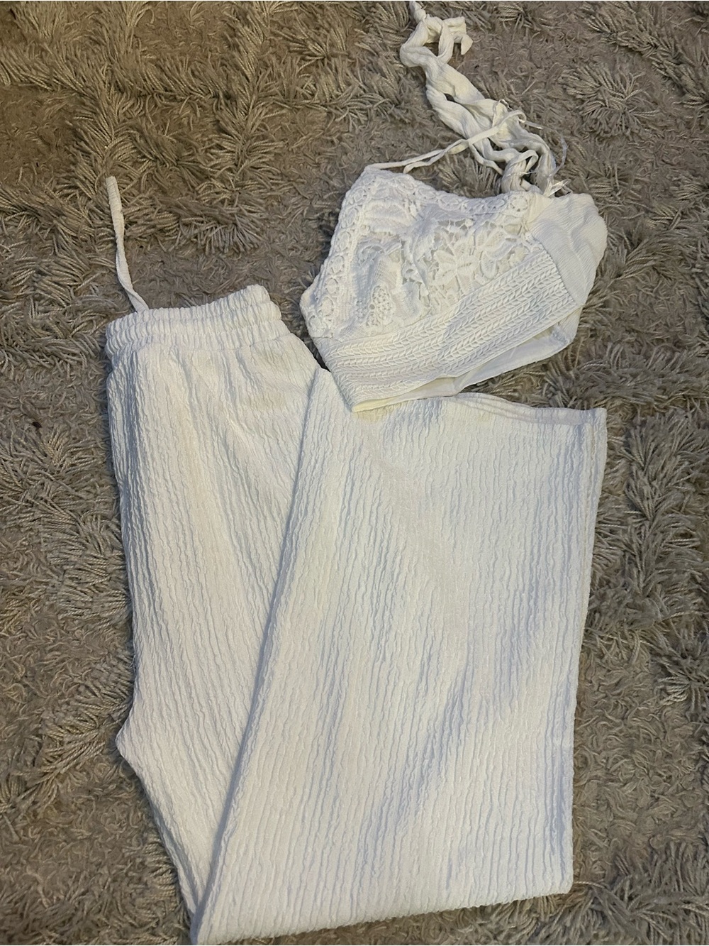 White Two-Piece Textured Set with Lace Bralette